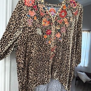Johnny Was Floral Embroidered Leopard Blouse